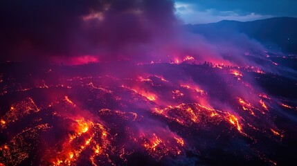 Naklejka premium aerial view of wildfire burning in wide area with flame fire and smoke 