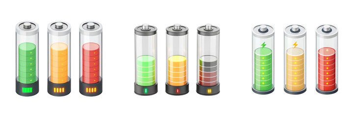 Battery Level Indicators Isometric Design, Isolated on White Background, Energy, Power, Battery level, energy indicator, power status