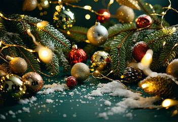 Seamless decorative christmas border with coniferous branches and garlands of christmas lights and o