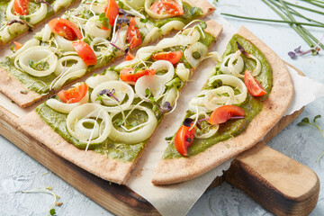 Almond Flour Tarte Flambée with Pesto and Onions