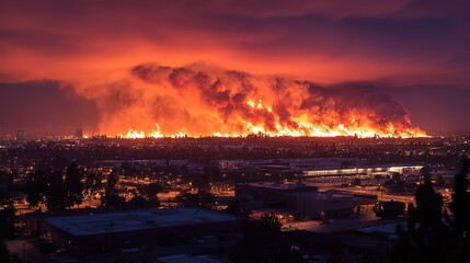 wildfire burning in town with wide area covered with flame, smoke, ash and soot, black  cloud cover sky 