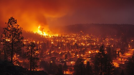 Obraz premium burning wildfire in town with smoke and flame, severe damage