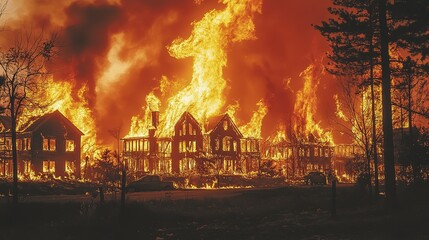 Fototapeta premium burning wildfire in town with smoke and flame, severe damage with ruin of building and street