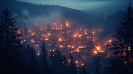  burning wildfire in town with smoke and flame, severe damage