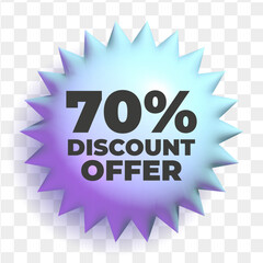 3d sale badge. Purple blue shining button with 70 percent discount offer