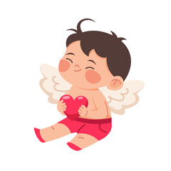Little boy with wings holds heart in hands. Little boy Cupid on white background. Vector illustration for Valentines Day or baby shower