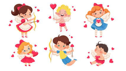 Set of angel babies. Girl and boy with wings. Angels for baby shower. Cupid for Valentine's Day