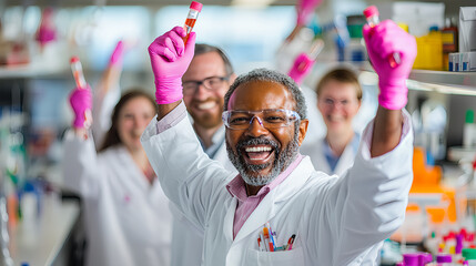 World Cancer Day research wellness concept. Happy scientists celebrating success in a laboratory, wearing gloves and lab coats.