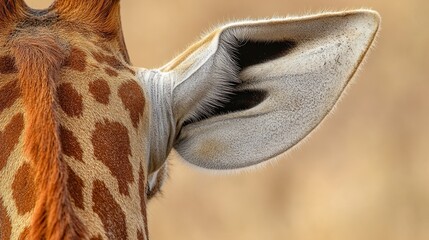Giraffe ears close-up, savanna background, wildlife detail, nature photography.