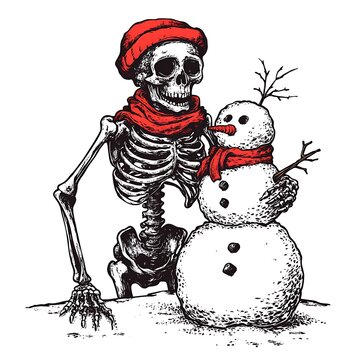 Skeleton with Snowman Winter Scene
