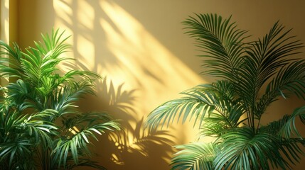 Fototapeta premium Sunlight illuminating potted palm plants against a yellow wall.