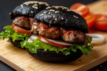 A modern black kebab bread filled with perfectly grilled kebab meat, lettuce, onions and tomatoes