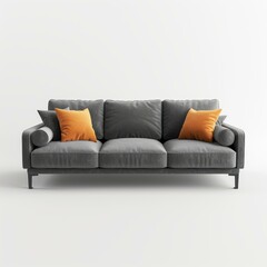 Fototapeta premium Modern gray sofa with orange pillows is standing in an empty room with white wall