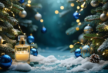 Seamless decorative christmas border with coniferous branches and garlands of christmas lights and o