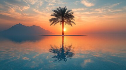 Obraz premium Solitary palm tree silhouetted against a vibrant sunset reflecting in calm water, with mountains in the background.