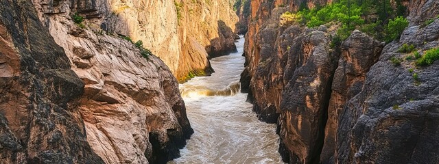 A dramatic shot of a powerful river with roaring rapids cutting through a deep, narrow canyon surrounded by towering cliffs, River rapids scene