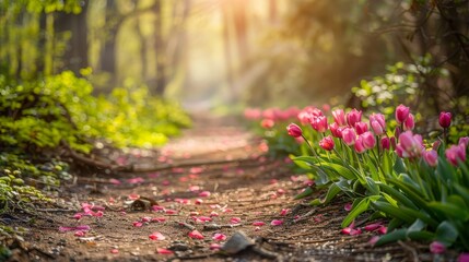 A tranquil stage beautifully framed by elegant pink tulips illuminated by soft, gentle lighting