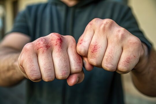 bruised fist in fighting stance. Violence and injury