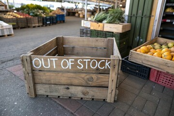 Empty wooden crate with out of stock label in market. Food supply shortage