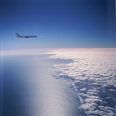 White Civil Airplane over the Atlantic ocean flying from Europe to the USA