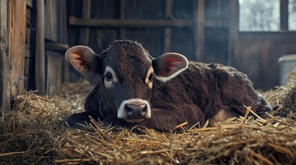 Fototapeta premium Newborn calf resting in barn straw, rustic setting.