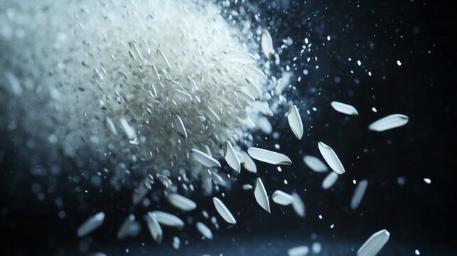 Exploding rice grains in midair against a dark background.