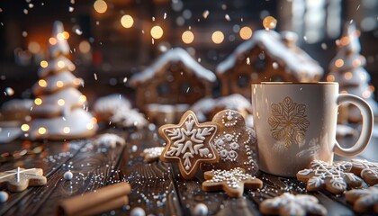 A white mug with a gold snowflake design sits on a wooden table with gingerbread cookies, a gingerbread house and a gingerbread tree. Snow falls in the background.