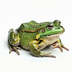 Obraz premium Green frog with yellow stripes sitting on a white background