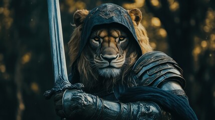 A lion warrior wearing medieval armor, holding a large broad sword wearing a hood, standing in a dark forest. background wallpaper AI generated image