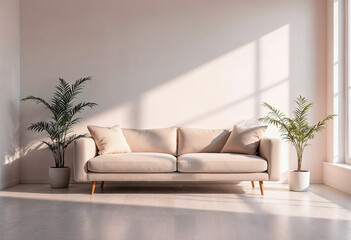 Elegant sofa with minimalist interior and natural sunlight illumination