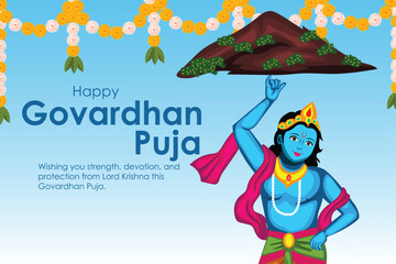 Illustration Of Lord Krishna Holding Govardhan Mountain On His Little Finger. Govardhan Puja Festival Background