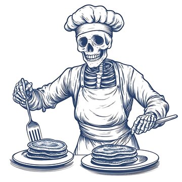 recommend clip art: Skeleton Chef Cooking Pancakes