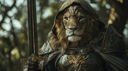 Obraz premium A lion warrior wearing medieval armor, holding a large broad sword wearing a hood, standing in a dark forest. background wallpaper AI generated image