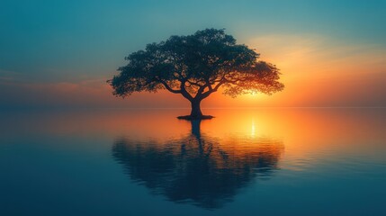 Solitary tree reflected in calm water at sunset.