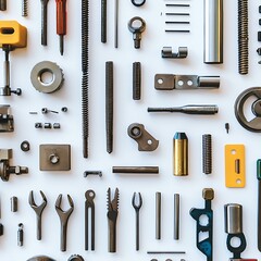 Flatlay industrial parts tools white background workshop