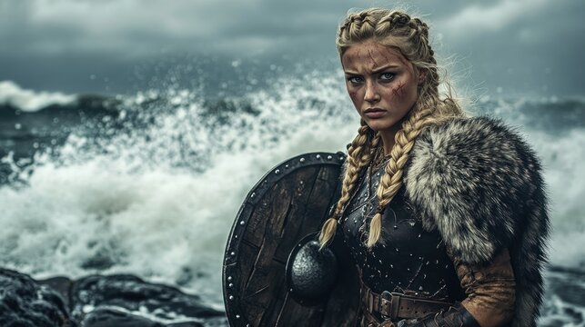 A Viking shield maiden with braided golden hair, wearing leather and fur armor, stands on a rocky shore background wallpaper AI generated image