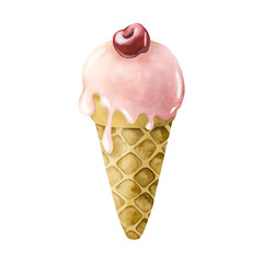 Cute ice cream waffle cone with cherry. Watercolor food illustration isolated on white background for kids birthday