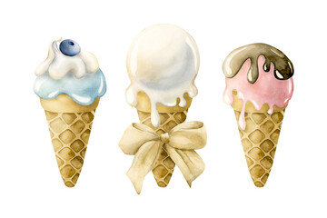 Cute ice cream waffle cone set. Watercolor hand painted food illustration isolated on white background for kids birthday