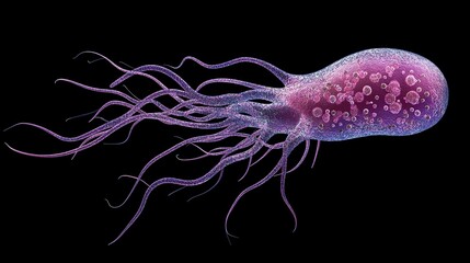 Obraz premium Microscopic view of a single purple bacterium with numerous flagella against a black background.