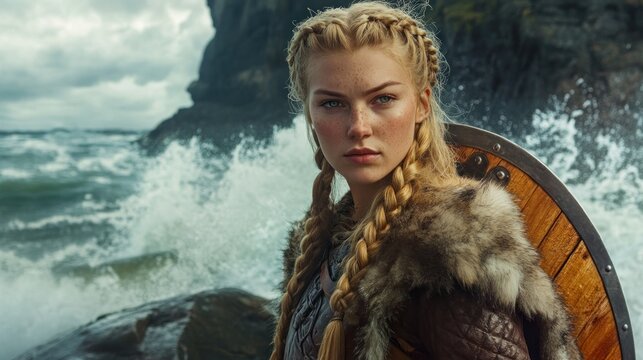 A Viking shield maiden with braided golden hair, wearing leather and fur armor, stands on a rocky shore background wallpaper AI generated image