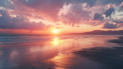 Fototapeta premium Tropical Sunrise Over Serene Beach Waves: Ideal for Summer Vacation