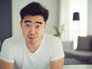 Handsome Young Asian Man with Confused Expression in a Minimalist Living Room