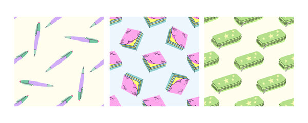 Seamless patterns with pens, sticky notes, and pencil cases in flat doodle style
