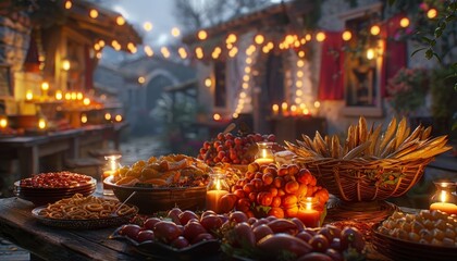 Fototapeta premium A rustic table laden with fresh fruit, bread, and vegetables, illuminated by flickering candlelight in the center of a cobblestone courtyard.