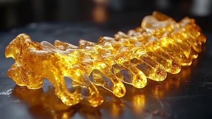 Close-up of translucent amber-like structure resembling a spine.