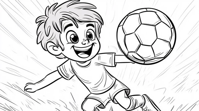 A cheerful soccer player in cartoon style on a drawing page designed for kids' coloring fun.

