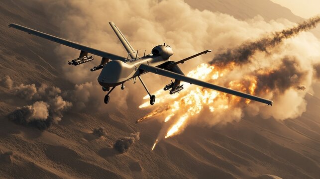 High-tech drones attack a military base in the desert, sending plumes of smoke and flames billowing up background wallpaper AI generated image