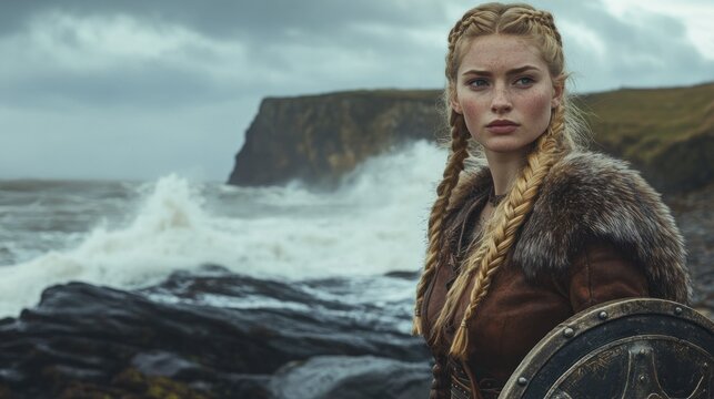 A Viking shield maiden with braided golden hair, wearing leather and fur armor, stands on a rocky shore background wallpaper AI generated image