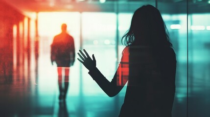 A touching goodbye at the airport terminal, a woman presses her hand against the glass as a man walks towards the gate background wallpaper AI generated image