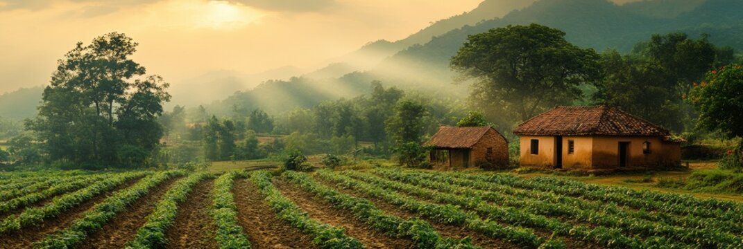 Serene Morning in Indian Farm Village Sunlit Fields and Traditional Clay Huts
